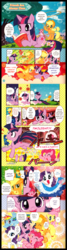 Size: 895x3340 | Tagged: safe, artist:akira himekawa, applejack, fluttershy, pinkie pie, rainbow dash, rarity, twilight sparkle, g4, official, book, clothes, comic, cute, dress, golden oaks library, lasso, mane six, manga, sparkles, translation