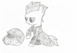 Size: 1026x707 | Tagged: safe, artist:crtical hit, oc, oc only, oc:list, earth pony, pony, fallout equestria, fallout, helmet, male, monochrome, ncr, ncr ranger, pipbuck, solo, story included, traditional art, veteran ranger