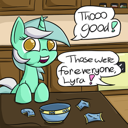 Size: 1280x1280 | Tagged: safe, artist:roflpony, lyra heartstrings, g4, ask-wackylyra, bowl, candy, cupboard, dialogue, eating, female, food, implied bon bon, jar, kitchen, looking at you, offscreen character, puffy cheeks, solo, speech bubble, table, wrapper