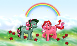 Size: 748x450 | Tagged: safe, artist:kida-ll, fizzy, galaxy (g1), pony, unicorn, g1, day, rainbow