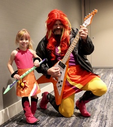 Size: 1024x1149 | Tagged: safe, artist:dustypony, sunset shimmer, human, equestria girls, g4, my little pony equestria girls: friendship games, babscon, babscon 2016, clothes, cosplay, costume, defictionalization, dustykatt, electric guitar, flying v, guitar, irl, irl human, musical instrument, photo, target demographic