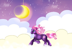 Size: 824x582 | Tagged: safe, artist:kida-ll, starsong, g3, cloud, moon, night, running, solo, wingless