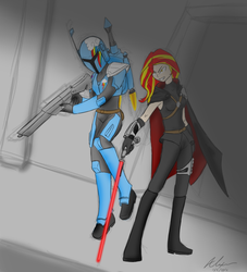 Size: 2550x2808 | Tagged: safe, artist:evanzblack, rainbow dash, sunset shimmer, equestria girls, g4, crossover, high res, human coloration, lightsaber, mandalorian, sith, star wars, star wars: the old republic, weapon