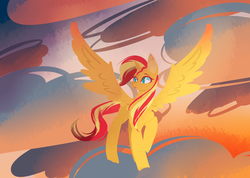 Size: 1024x731 | Tagged: safe, artist:trainerfairy, sunset shimmer, alicorn, pony, g4, alicornified, female, looking away, race swap, raised hoof, shimmercorn, solo, spread wings, wings