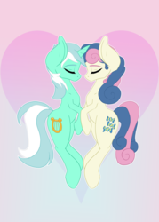 Size: 1024x1430 | Tagged: safe, artist:bookxworm89, bon bon, lyra heartstrings, sweetie drops, earth pony, pony, unicorn, g4, duo, eyes closed, female, gradient background, heart, heart background, lesbian, ship:lyrabon, shipping