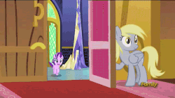 Size: 500x281 | Tagged: safe, artist:x-saltedfish, edit, edited screencap, screencap, derpy hooves, starlight glimmer, pegasus, pony, g4, no second prances, season 5, season 6, slice of life (episode), abuse, adventure in the comments, animated, derpy being derpy, derpy's door, discovery family, discovery family logo, door, female, gif party, glimmerbuse, jontron thread, lock, mare, meme, open mouth, party in the comments, smiling