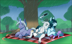 Size: 2676x1632 | Tagged: safe, artist:cosmicminerals, oc, oc only, earth pony, pony, unicorn, bald, beauty mark, book, bookmark, bunny plushie, colored, doll, drool, field, magic, notebook, pen, pencil, picnic, picnic blanket, plushie, rain, sewing, sewing needle, sleeping, telekinesis, toy, tree