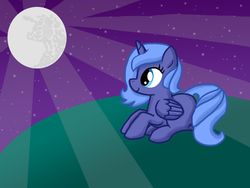 Size: 1600x1200 | Tagged: safe, artist:inkblu, princess luna, g4, cute, female, filly, moon, night, solo, woona