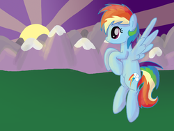 Size: 1600x1200 | Tagged: safe, artist:inkblu, rainbow dash, g4, female, mountain, mountain range, solo, sunrise