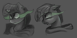 Size: 1323x659 | Tagged: safe, artist:post-it, twilight sparkle, g4, alternate universe, angry, broken horn, bust, colored sketch, ears back, female, gray background, grayscale, gritted teeth, horn, monochrome, nose wrinkle, portrait, scrunchy face, simple background, sketch, solo, sword rara, twilich sparkle