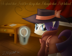 Size: 2427x1884 | Tagged: safe, artist:iflysna94, rarity, pony, unicorn, g4, rarity investigates, clothes, detective, detective rarity, feather, female, hat, levitation, magic, magnifying glass, pen, signature, solo, table, telekinesis