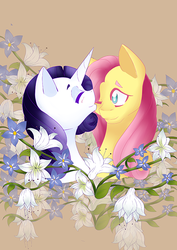 Size: 453x640 | Tagged: safe, artist:kittii-kat, fluttershy, rarity, g4, female, kissing, lesbian, ship:flarity, shipping