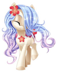 Size: 1024x1287 | Tagged: safe, artist:centchi, oc, oc only, oc:kala, original species, pond pony, eyes closed, eyeshadow, female, hibiscus, makeup, mare, smiling, solo, watermark