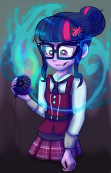 Size: 454x703 | Tagged: safe, artist:karnelia, sci-twi, twilight sparkle, equestria girls, g4, my little pony equestria girls: friendship games, clothes, female, glasses, magic, magic capture device, necktie, scared, school tie, school uniform, schoolgirl, solo