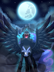 Size: 1800x2400 | Tagged: safe, artist:zoruanna, nightmare moon, princess luna, nightmare forces, g4, evil laugh, glowing, looking up, moon, nose in the air, solo, spread wings, standing, transformation