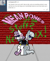 Size: 576x706 | Tagged: safe, artist:pembroke, silver spoon, sweetie belle, pony, g4, bipedal, clothes, earring, leather jacket, meanie belle, nose ring, piercing, serving spoon, sunglasses, tumblr