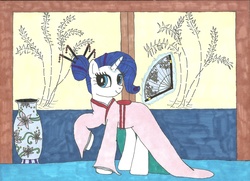 Size: 2208x1595 | Tagged: safe, artist:snowblitz227, rarity, pony, unicorn, g4, alternate hairstyle, clothes, fan, female, kimono (clothing), levitation, magic, mare, solo, telekinesis, traditional art, vase