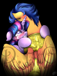 Size: 1024x1365 | Tagged: safe, artist:dragonfoxgirl, flash sentry, twilight sparkle, alicorn, pony, g4, armor, black background, crying, feels, female, floppy ears, guard armor, hug, male, mare, ship:flashlight, shipping, signature, simple background, stallion, straight, twilight sparkle (alicorn), watermark