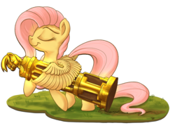 Size: 1500x1089 | Tagged: safe, artist:pirill, derpy hooves, fluttershy, pegasus, pony, g4, confident, female, mare, newbie artist training grounds, puffy cheeks, solo, trophy, wing hands, world champ
