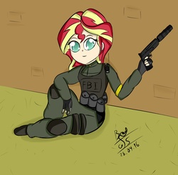 Size: 1500x1475 | Tagged: safe, artist:goldenstorm21, sunset shimmer, human, g4, body armor, clothes, counter-strike, counter-strike: global offensive, fbi, female, fingerless gloves, gloves, gun, handgun, humanized, pistol, pouch, sitting, solo, suppressor, weapon