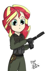 Size: 1500x2202 | Tagged: safe, artist:goldenstorm21, sunset shimmer, human, g4, clothes, counter-strike, counter-strike: global offensive, fbi, female, gun, humanized, pistol, solo, suppressor, weapon