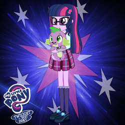 Size: 2240x2240 | Tagged: safe, artist:xxmaxterxx, sci-twi, spike, spike the regular dog, twilight sparkle, dog, equestria girls, g4, best pony, clothes, crystal prep academy uniform, cute, glasses, high res, loose hair, original hair, school uniform, shoes, socks