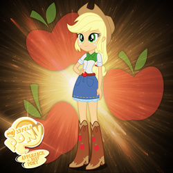 Size: 2240x2240 | Tagged: safe, artist:xxmaxterxx, applejack, equestria girls, g4, apple, applejack's skirt, best pony, boots, clothes, cowboy boots, cute, female, food, freckles, hand on hip, high res, skirt, solo