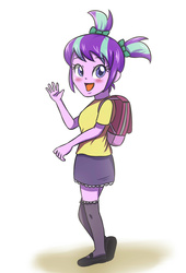 Size: 2362x3472 | Tagged: safe, artist:sumin6301, starlight glimmer, equestria girls, g4, backpack, clothes, cute, equestria girls-ified, female, glimmerbetes, high res, mary janes, open mouth, pigtails, shoes, simple background, skirt, socks, solo, thigh highs, waving, white background, younger