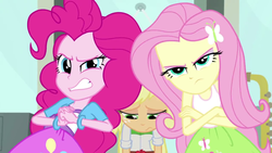 Size: 1280x720 | Tagged: safe, screencap, applejack, fluttershy, pinkie pie, a case for the bass, equestria girls, g4, my little pony equestria girls: rainbow rocks, angry, belt, bracelet, button-up shirt, clothes, cracking knuckles, crossed arms, female, hat, jewelry, sad, shirt, skirt, tank top, teenager, wrong neighborhood