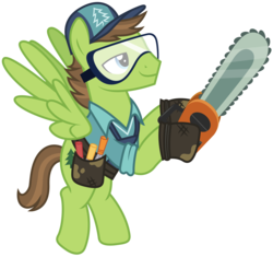 Size: 10000x9400 | Tagged: safe, artist:mpnoir, douglas spruce, evergreen, pegasus, pony, g4, princess spike, .svg available, absurd resolution, adobe illustrator, cap, chainsaw, clothes, full body, goggles, hat, male, simple background, smiling, solo, stallion, toolbelt, transparent background, vector
