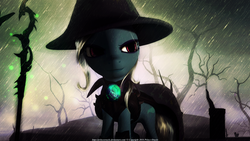 Size: 4096x2304 | Tagged: safe, artist:princeoracle, trixie, pony, unicorn, g4, 3d, brooch, cape, clothes, epic, female, gem, gmod, hat, high res, jewelry, mare, rain, solo, tree, trixie's brooch, trixie's cape, trixie's hat