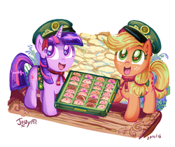 Size: 797x668 | Tagged: safe, artist:jowyb, applejack, twilight sparkle, earth pony, pony, unicorn, twijack weekly, g4, alternate universe, button, buttons, cookie, cute, duo, filly, filly applejack, filly guides, filly twilight sparkle, food, girl scout, hat, jackabetes, open mouth, sweet dreams fuel, twiabetes, weapons-grade cute, younger