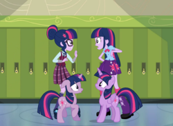 Size: 1024x750 | Tagged: safe, artist:greenmachine987, sci-twi, twilight sparkle, human, pony, unicorn, equestria girls, g4, my little pony equestria girls: friendship games, counterparts, cute, equestria girls ponified, female, floppy ears, human ponidox, lockers, mare, ponified, scrunchy face, self ponidox, sunset's counterparts, twilight sparkle (alicorn), twilight's counterparts, twolight, unicorn sci-twi, unicorn twilight