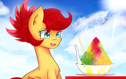 Size: 1920x1200 | Tagged: safe, artist:laptop-pone, oc, oc only, oc:rosa blossomheart, earth pony, pony, ais kacang, lens flare, malaysia, shaved ice, sky background, solo