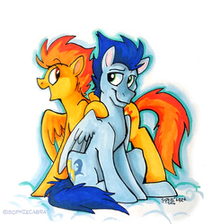 Size: 1376x1456 | Tagged: safe, artist:spainfischer, soarin', spitfire, pegasus, pony, g4, backwards cutie mark, cloud, female, hoof on shoulder, male, marker drawing, open mouth, profile, ship:soarinfire, shipping, signature, simple background, sitting, straight, traditional art, white background, younger