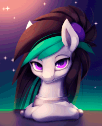 Size: 730x900 | Tagged: safe, artist:rodrigues404, oc, oc only, oc:nighttide star, cyborg, animated, bust, female, flowing mane, gif, mare, smiling, solo, stars