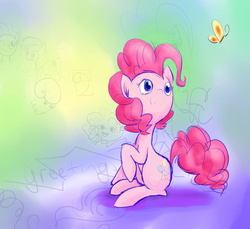 Size: 934x856 | Tagged: safe, artist:daniel10alien, pinkie pie, butterfly, earth pony, pony, g4, abstract background, colors, female, solo