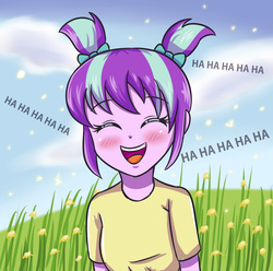 Size: 3507x3472 | Tagged: safe, artist:sumin6301, starlight glimmer, equestria girls, g4, clothes, cute, equestria girls-ified, eyes closed, female, field, glimmerbetes, high res, laughing, open mouth, pigtails, solo, younger
