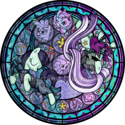 Size: 2100x2100 | Tagged: safe, artist:akili-amethyst, applejack, coloratura, pinkie pie, svengallop, g4, countess coloratura, disney, dive to the heart, high res, kingdom hearts, rara, stained glass, watermark