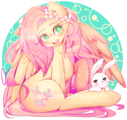 Size: 1024x961 | Tagged: safe, artist:magicalgirlmayhem, angel bunny, fluttershy, g4, floral head wreath, sitting, spread wings, watermark