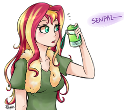 Size: 900x800 | Tagged: safe, artist:phyllismi, sunset shimmer, human, equestria girls, g4, bottle, dialogue, female, humanized, implied lesbian, implied shipping, implied sunsetsparkle, implied twilight sparkle, offscreen character, senpai, solo, speech bubble, towel