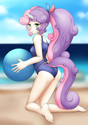 Size: 1555x2200 | Tagged: safe, artist:lalox, sweetie belle, human, g4, ass, barefoot, beach, beach ball, bedroom eyes, breasts, butt, clothes, feet, female, horn, horned humanization, humanized, looking at you, nail polish, older, one-piece swimsuit, solo, swimsuit, tailed humanization