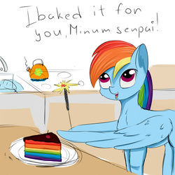 Size: 2000x2000 | Tagged: safe, artist:chapaevv, rainbow dash, g4, birthday, birthday cake, cake, cute, dashabetes, female, food, high res, offscreen character, senpai, solo, table, wing hands