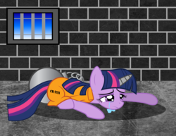 Size: 4238x3275 | Tagged: safe, artist:spellboundcanvas, twilight sparkle, g4, lesson zero, bad end, ball and chain, clothes, crying, female, high res, horn, horn cap, karma, magic suppression, prison, prison outfit, prisoner, sad, solo