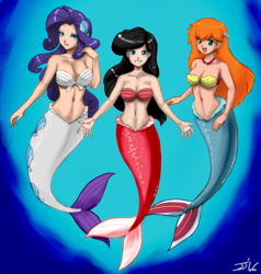 Size: 1500x1575 | Tagged: safe, artist:johnjoseco, color edit, colorist:lanceomikron, edit, rarity, human, mermaid, g4, alternate color palette, ariel, belly button, big breasts, breasts, busty rarity, cleavage, color, colored, crossover, disney, female, humanized, mermaidized, mermarity, midriff, misty (pokémon), pokémon, princess melody, seashell, the little mermaid