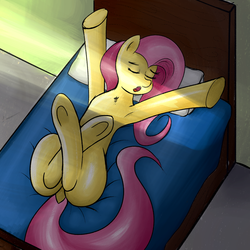 Size: 1800x1800 | Tagged: artist needed, source needed, safe, fluttershy, pegasus, pony, g4, armpits, bed, cute, dock, female, on back, shyabetes, sleeping, sleepy, solo, underhoof