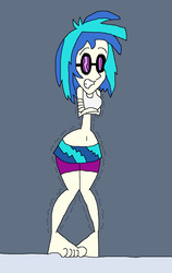 Size: 955x1509 | Tagged: safe, artist:hunterxcolleen, dj pon-3, vinyl scratch, human, equestria girls, g4, belly button, bikini, clothes, cold, feet, female, freezing, freezing fetish, humanized, shivering, shorts, skirt, snow, solo, swimsuit