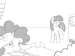 Size: 1024x768 | Tagged: safe, artist:vulapa, pinkie pie, twilight sparkle, oc, oc:anon, human, pony, g4, clothes, cute, cyoa, cyoa:life in ponyville, diapinkes, first person view, hospital gown, monochrome, offscreen character, petting, pov, story included