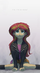 Size: 660x1202 | Tagged: dead source, safe, artist:grissaecrim, sunset shimmer, equestria girls, g4, boots, clothes, crying, female, frown, high heel boots, jacket, messy hair, sad, shirt, shoes, skirt, solo, sunsad shimmer, vest