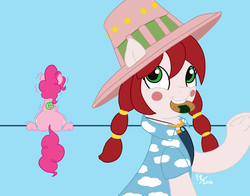 Size: 1280x1003 | Tagged: safe, artist:feralroku, pinkie pie, oc, oc:palette swap, g4, behind, food, marianne, mouth hold, one piece, rice cracker, trembling